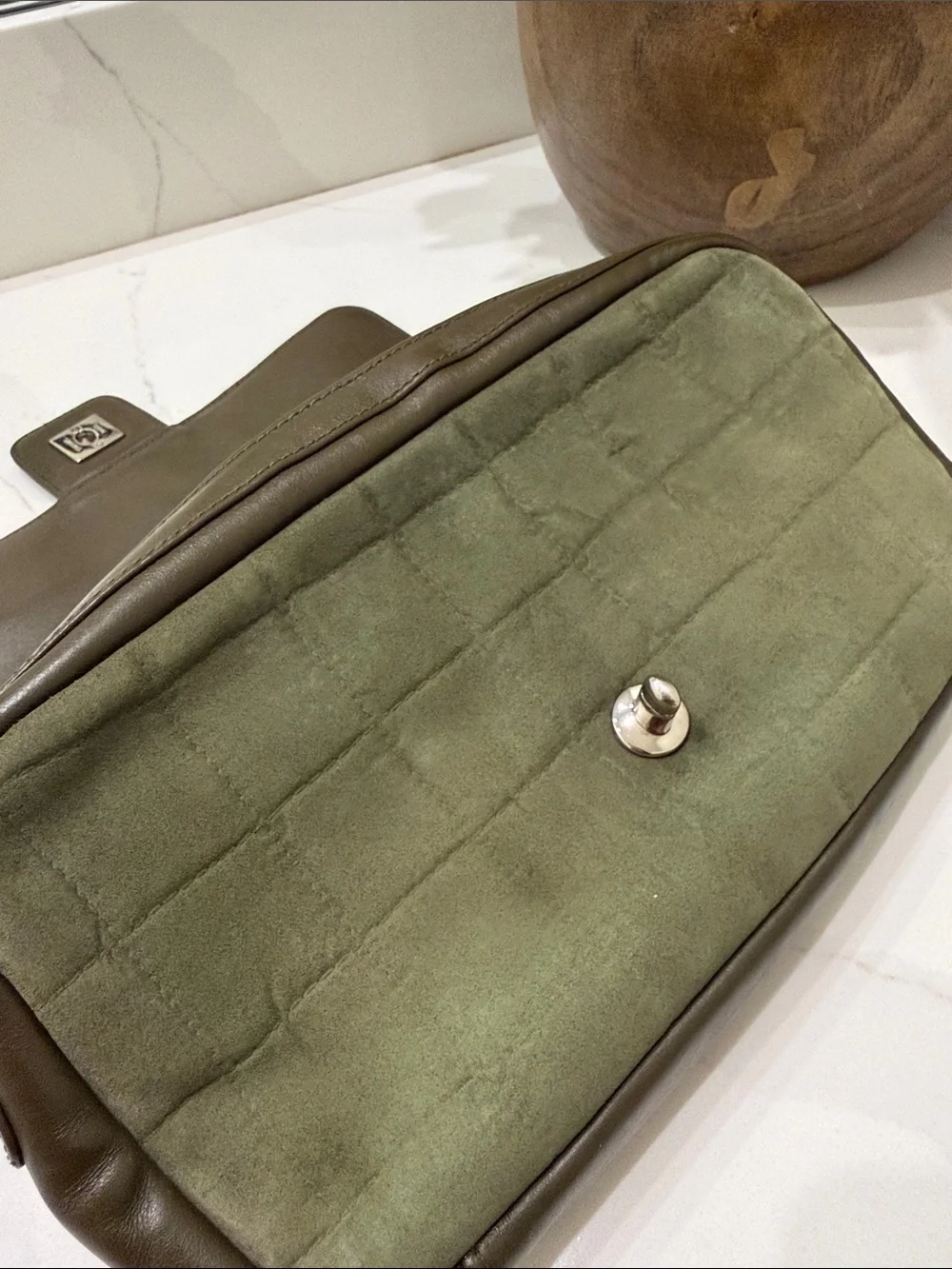 CHANEL Quilted Suede Shoulder Bag in Olive Green with Silver Hardware